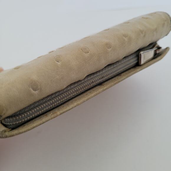 Furla Italian Trifold Wallet Medium Ostrich Leather Gray Designer Compact Logo - Picture 3 of 11